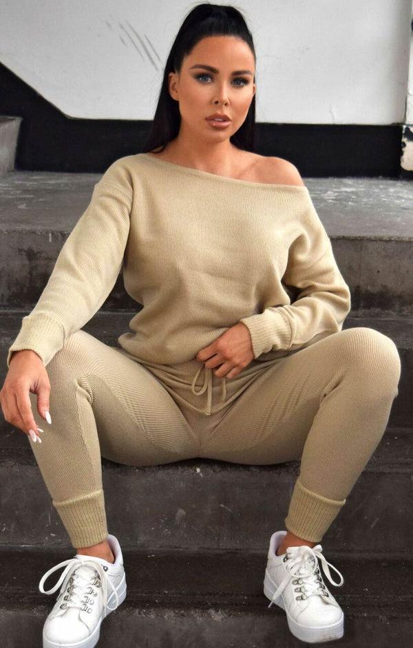 Femme Luxe Stone Off The Shoulder Jumper & Drawstring High Waisted Joggers Knitted Loungewear Set - Christina