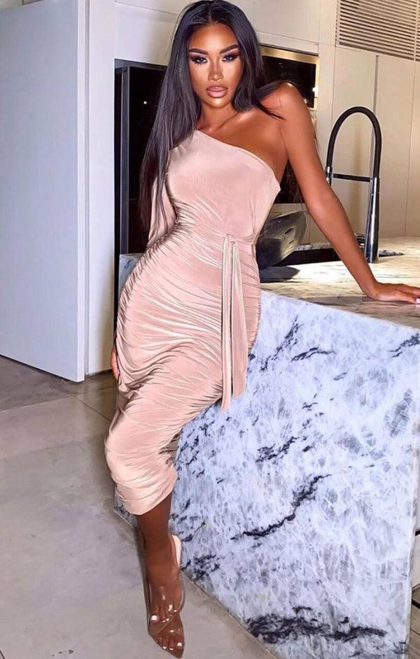 femme luxe Stone One Shoulder Ruched Slinky Midi Dress - Savannah