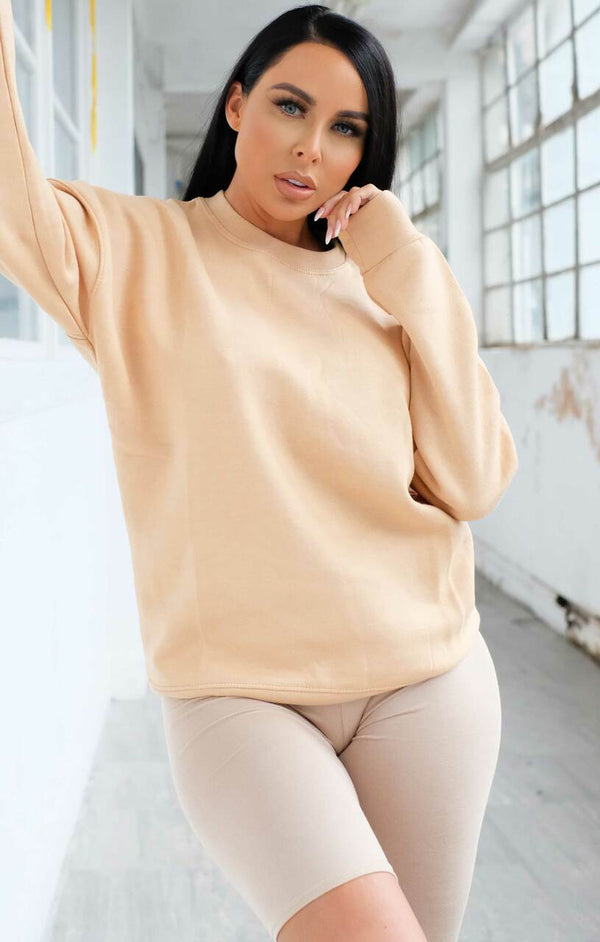 femme luxe Stone Oversized Crew Neck Rib Cuff & Hem Long Sleeve Sweatshirt - Melanie