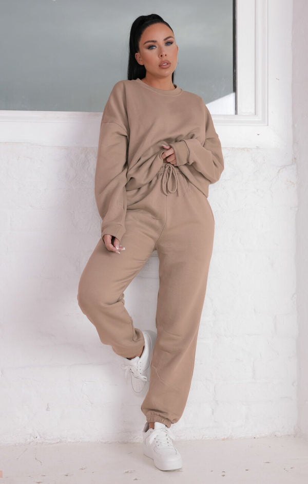 Femme Luxe Stone Oversized Crew Neck Sweatshirt Cuffed Joggers Loungewear Set - Averi