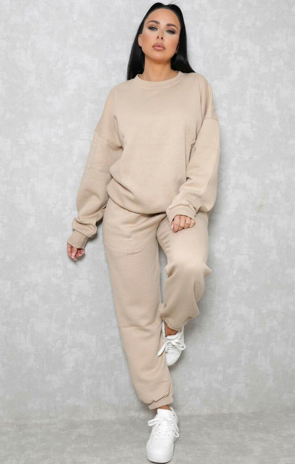 Femme Luxe Stone Oversized Crew Neck Sweatshirt Cuffed Joggers Loungewear Set - Averi