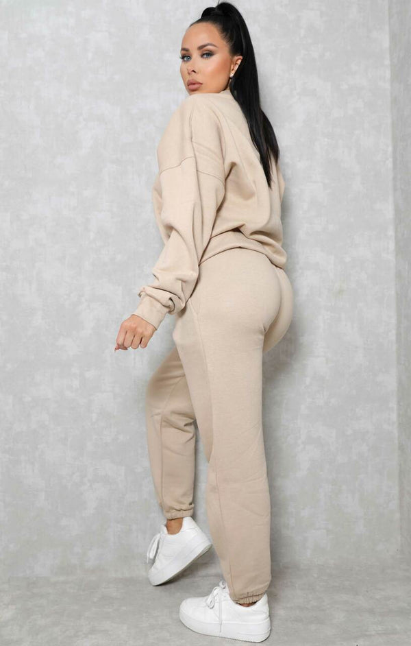 Femme Luxe Stone Oversized Crew Neck Sweatshirt Cuffed Joggers Loungewear Set - Averi