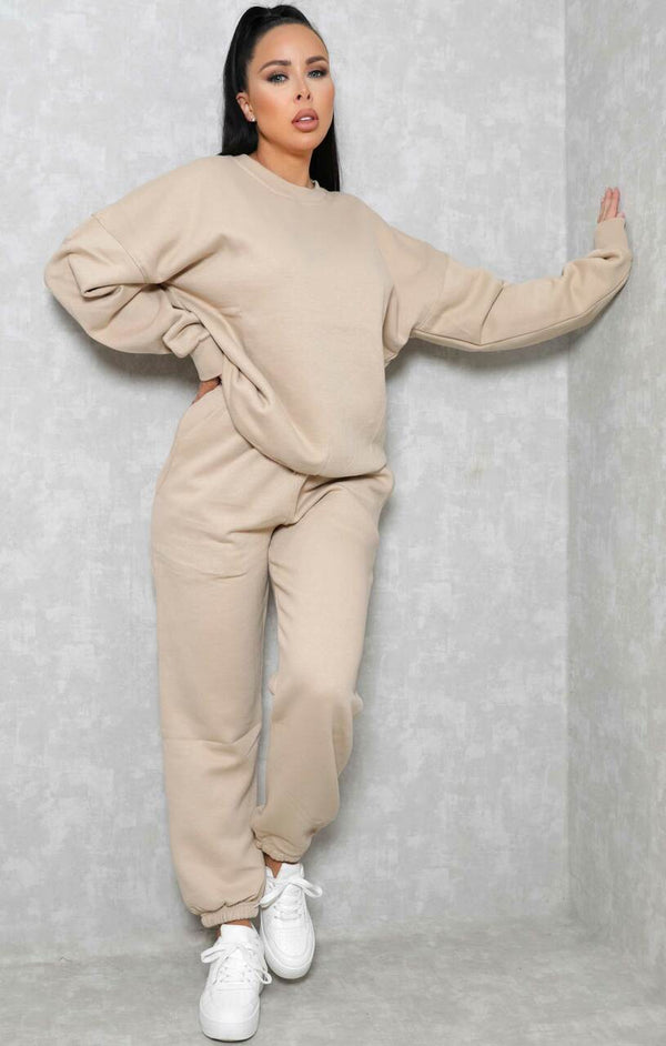 femme luxe Stone Oversized Crew Neck Sweatshirt Cuffed Joggers Loungewear Set - Averi