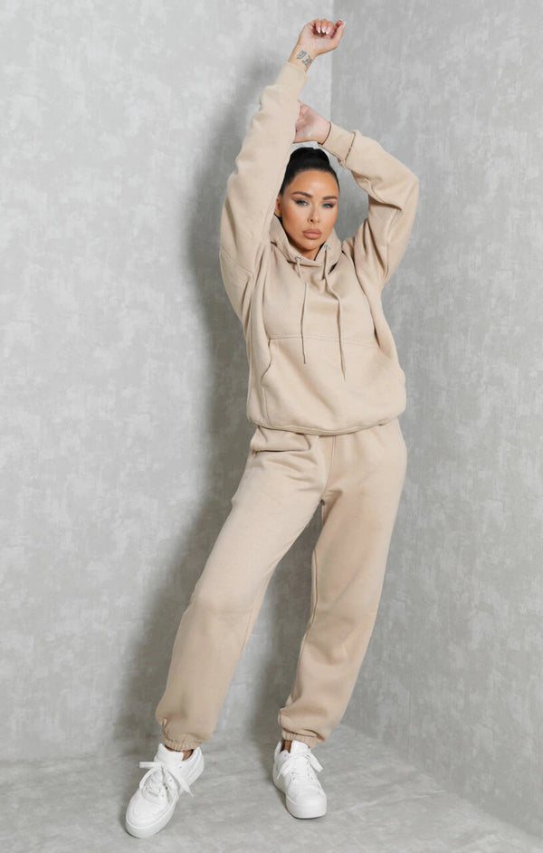 Femme Luxe Stone Oversized Front Pocket Pullover Hoodie Cuffed Joggers Loungewear Set - Alexia