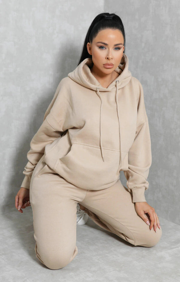 Femme Luxe Stone Oversized Front Pocket Pullover Hoodie Cuffed Joggers Loungewear Set - Alexia