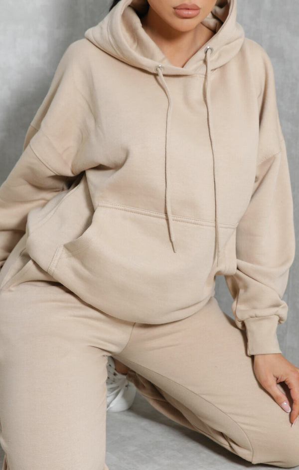 Femme Luxe Stone Oversized Front Pocket Pullover Hoodie Cuffed Joggers Loungewear Set - Alexia