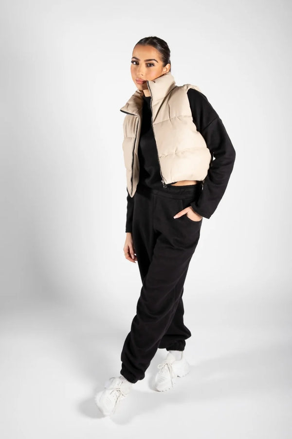 Femme Luxe Stone Padded Faux Leather Zip Up Crop Gilet - Tia
