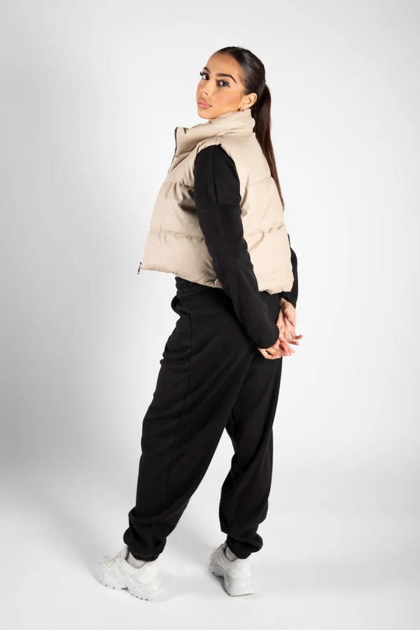 Femme Luxe Stone Padded Faux Leather Zip Up Crop Gilet - Tia