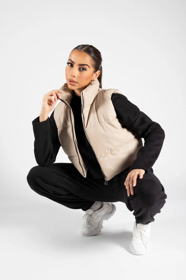femme luxe Stone Padded Faux Leather Zip Up Crop Gilet - Tia