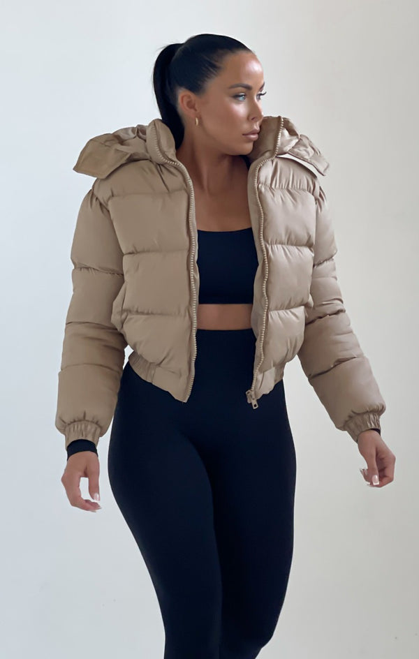 Femme Luxe Stone Padded Zip Up Hooded Puffer Coat - Flo