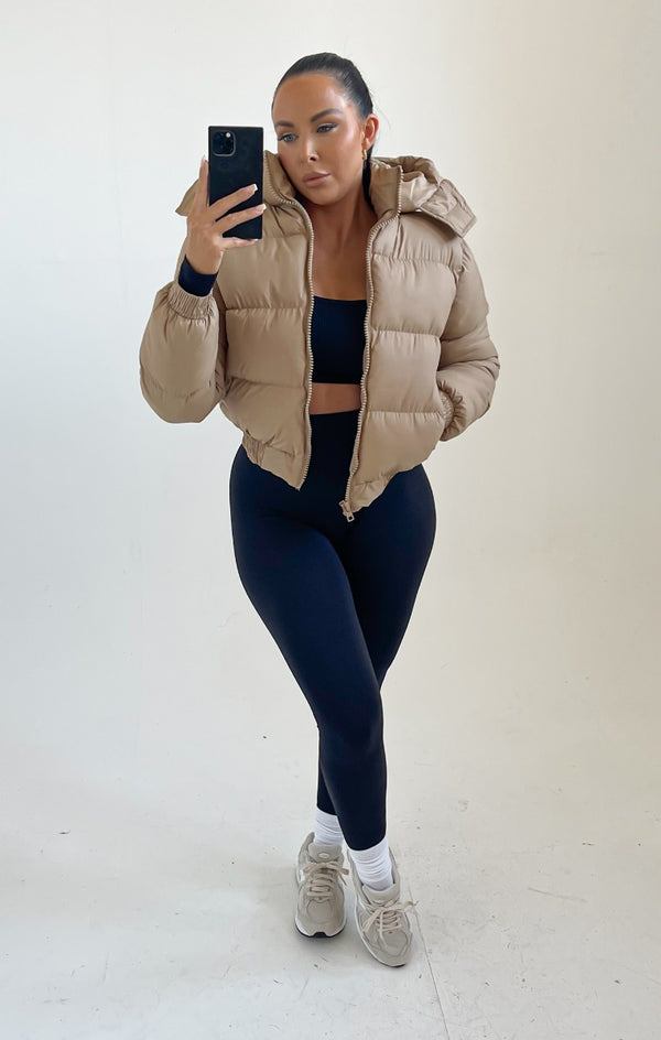 Femme Luxe Stone Padded Zip Up Hooded Puffer Coat - Flo