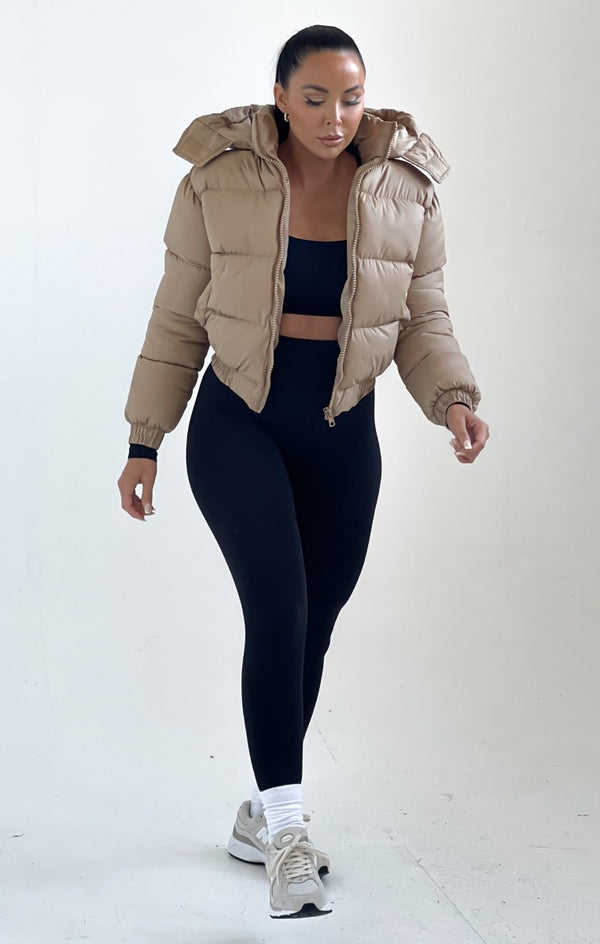 femme luxe Stone Padded Zip Up Hooded Puffer Coat - Flo