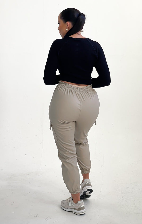 Femme Luxe Stone PU Elasticated Drawstring Cuffed Pocket Joggers - Demi