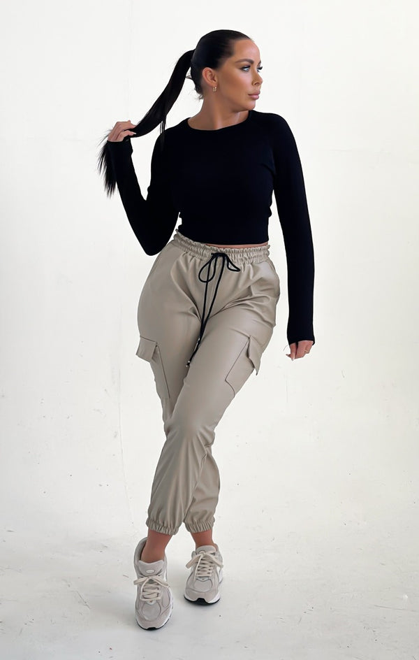 femme luxe Stone PU Elasticated Drawstring Cuffed Pocket Joggers - Demi