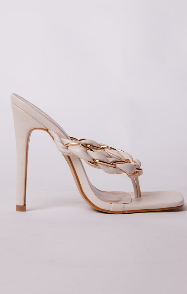 Femme Luxe Stone PU Faux Leather Woven Chain Detail Thong Heeled Sandals - Dakota