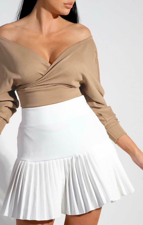 Femme Luxe Stone Ribbed Off The Shoulder Crop Top - Kourt