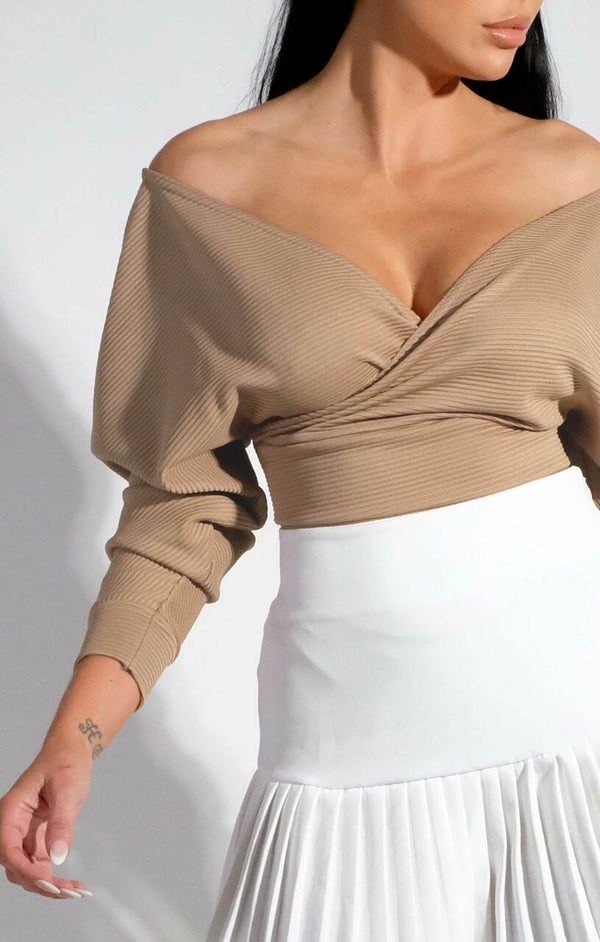 Femme Luxe Stone Ribbed Off The Shoulder Crop Top - Kourt