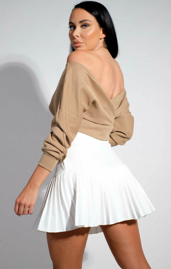 Femme Luxe Stone Ribbed Off The Shoulder Crop Top - Kourt