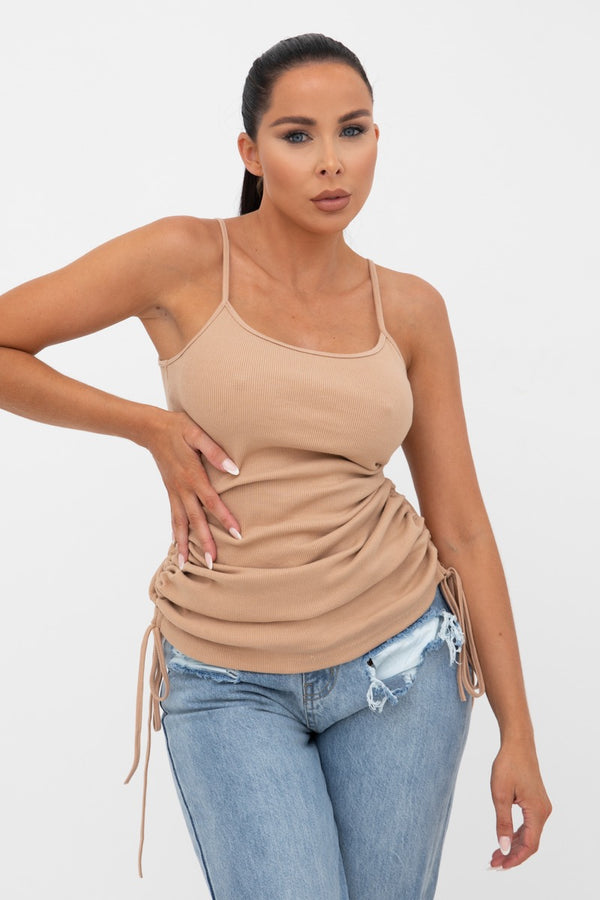 Femme Luxe Stone Ribbed Ruched Side Strappy Fitted Top - Samirah
