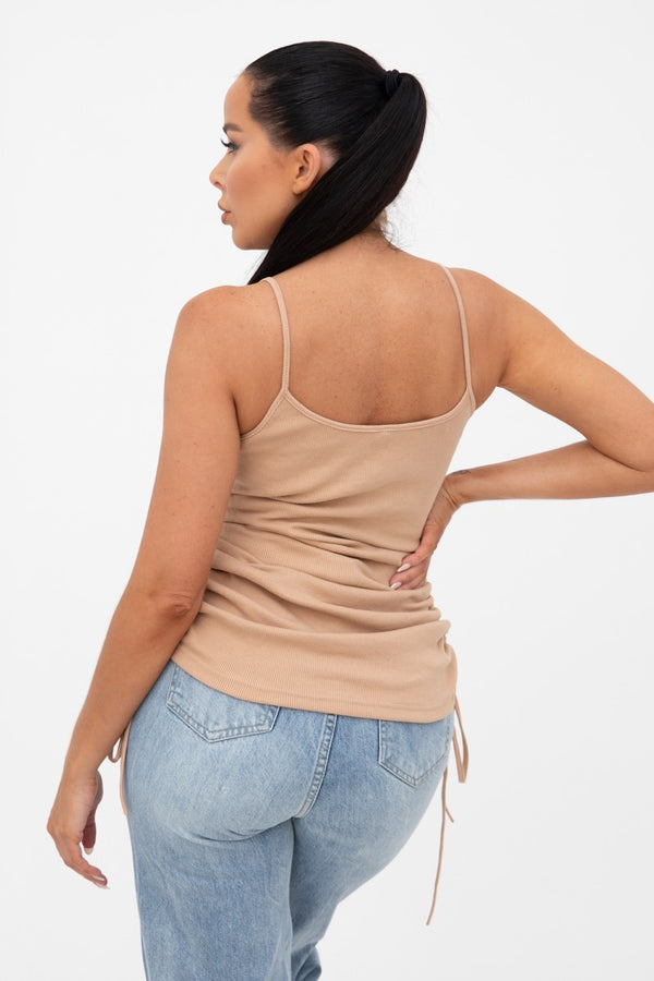 Femme Luxe Stone Ribbed Ruched Side Strappy Fitted Top - Samirah