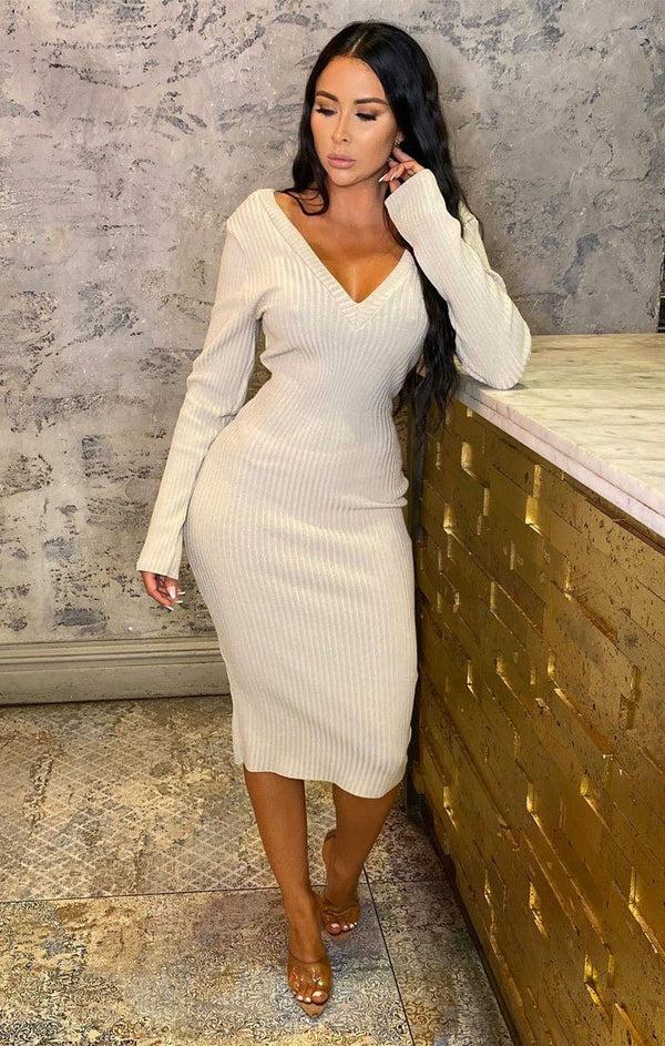 Femme Luxe Stone Ribbed V Neck Midi Jumper Dress - Ivy