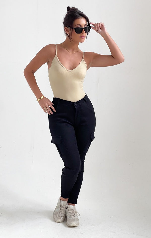 Femme Luxe Stone Ribbed V Neck Strappy Bodysuit - Megan