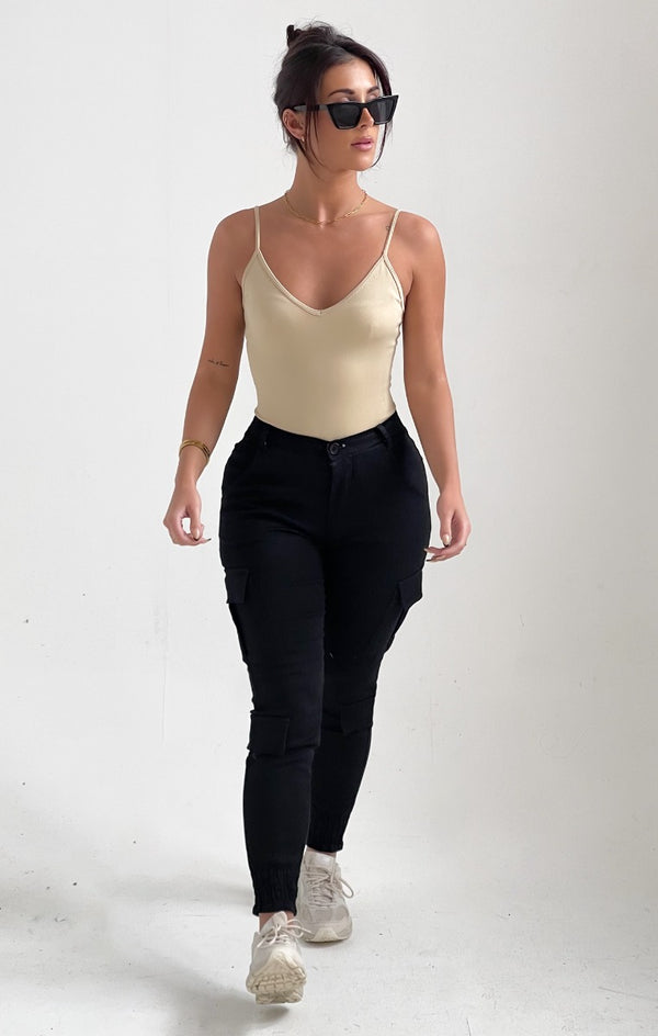 femme luxe Stone Ribbed V Neck Strappy Bodysuit - Megan