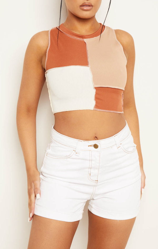 Femme Luxe Stone Rust & White Rib Round Neck Patchwork Exposed Seam Sleeveless Racer Crop Top - Elise