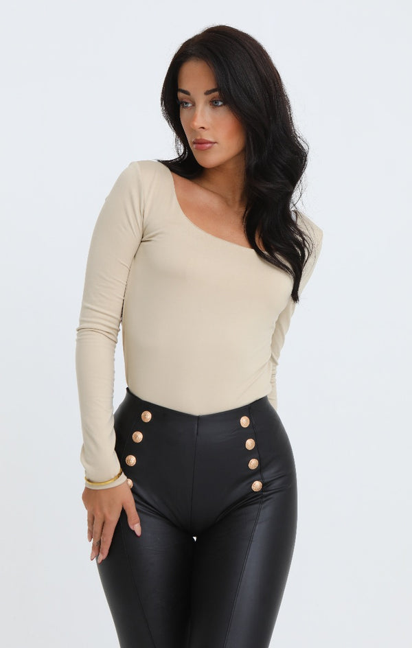 Femme Luxe Stone Scoop Neck Long Sleeve Soft Touch Fitted Bodysuit - Emma