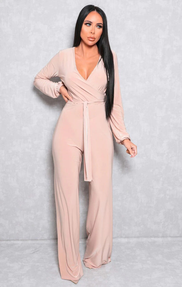 Femme Luxe Stone Slinky Wide Leg Plunge Jumpsuit - Gemma