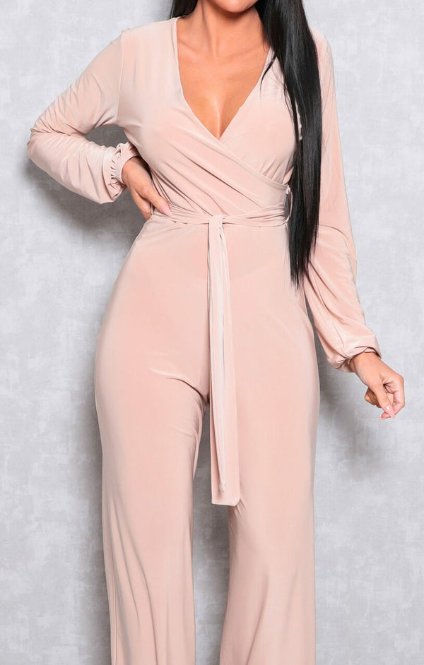 Femme Luxe Stone Slinky Wide Leg Plunge Jumpsuit - Gemma