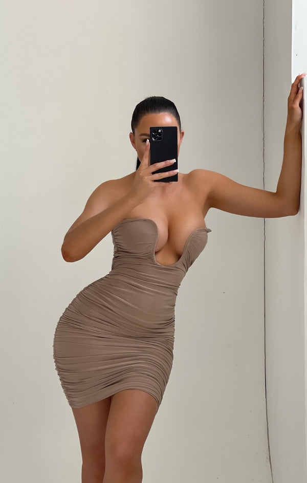 Femme Luxe Stone Strapless Ruched Plunge Bodycon Mini Dress - Ampika