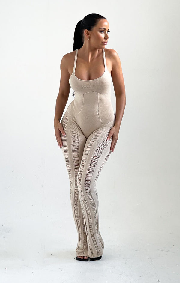 Femme Luxe Stone Strappy Distressed Knitted Side Split Jumpsuit - Etta