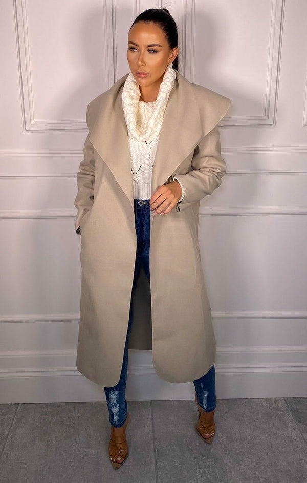 Femme Luxe Stone Waterfall Duster Belted Long Coat - Pola