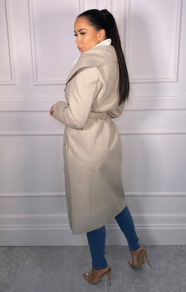 Femme Luxe Stone Waterfall Duster Belted Long Coat - Pola