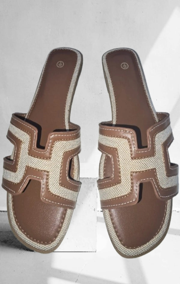 Femme Luxe Tan Flat Woven Detail Slip On Sandals - Bella