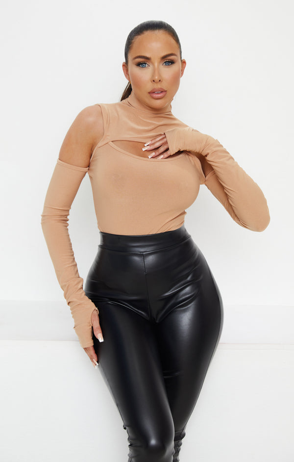Femme Luxe Tan High Neck Long Sleeve Cold Shoulder Cut Out Bodysuit - Brooke