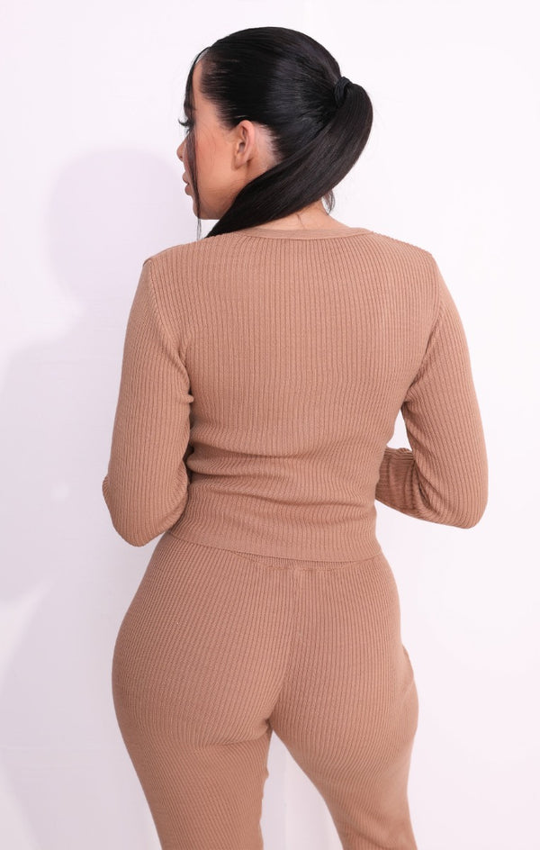 Femme Luxe Tan Knitted Rib High Waisted Skinny Fit Joggers - Laney