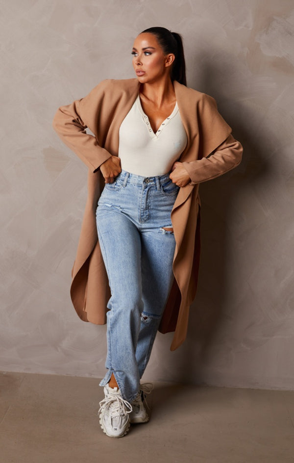 Femme Luxe Tan Long Sleeve Belted Side Pocket Shawl Collar Midi Longline Coat - Payton