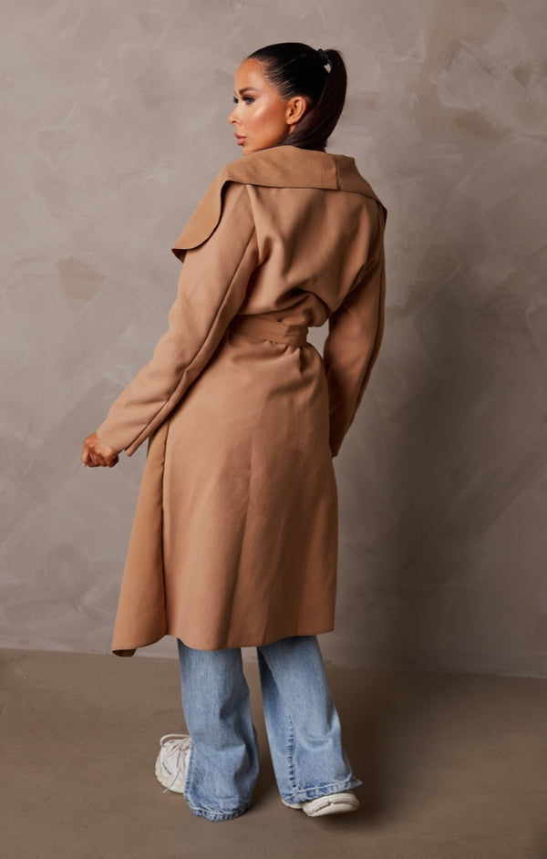Femme Luxe Tan Long Sleeve Belted Side Pocket Shawl Collar Midi Longline Coat - Payton