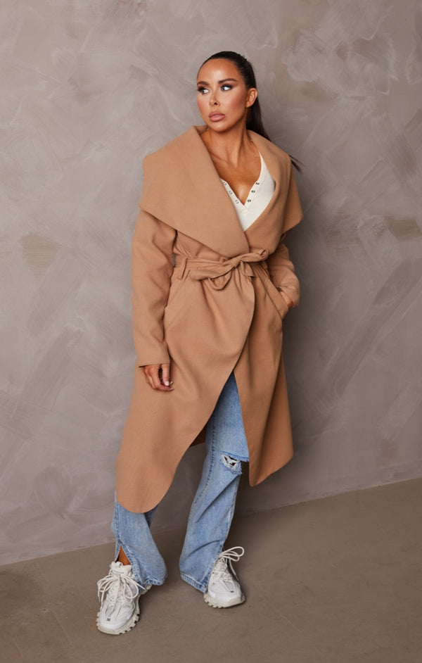 Femme Luxe Tan Long Sleeve Belted Side Pocket Shawl Collar Midi Longline Coat - Payton
