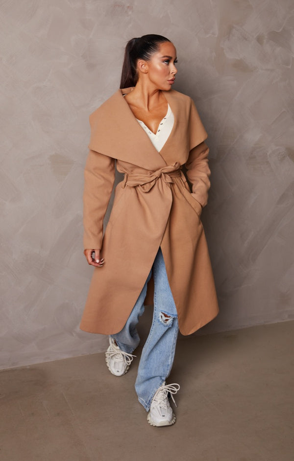 femme luxe Tan Long Sleeve Belted Side Pocket Shawl Collar Midi Longline Coat - Payton