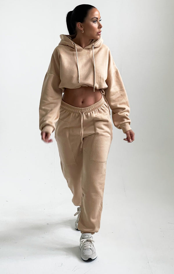 Femme Luxe Tan Oversized Drawstring Hem Cropped Hoodie & High Waisted Joggers Loungewear Set - Zoey