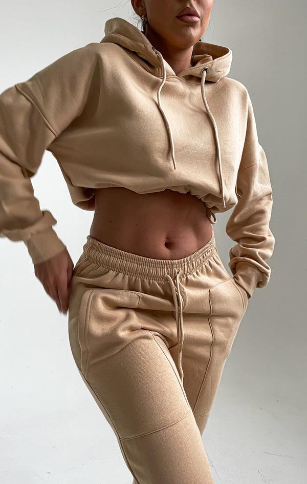 Femme Luxe Tan Oversized Drawstring Hem Cropped Hoodie & High Waisted Joggers Loungewear Set - Zoey