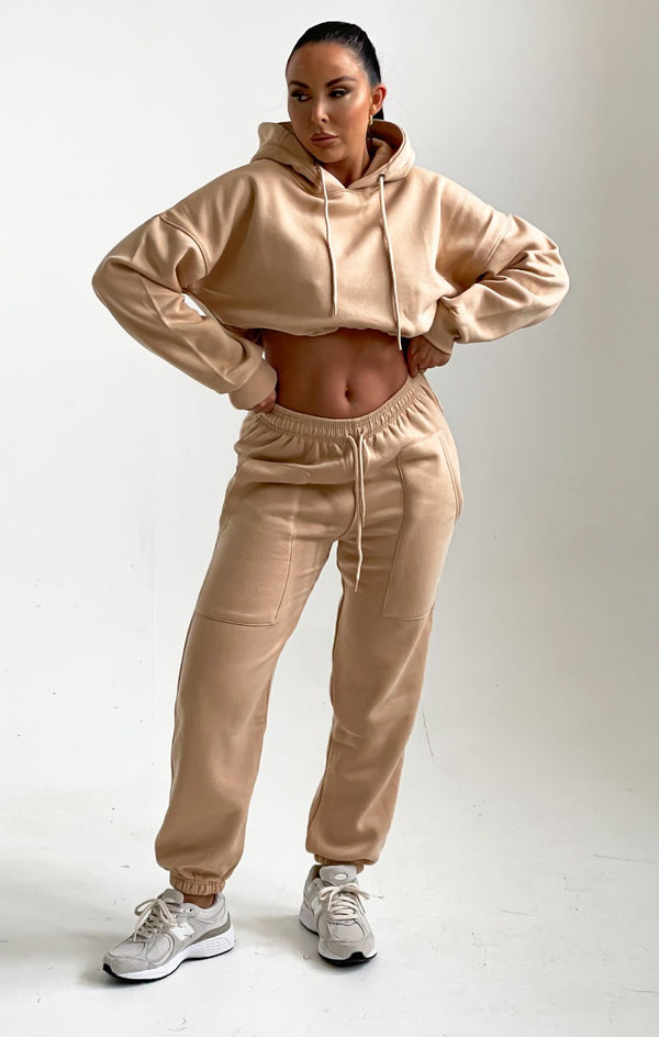 Femme Luxe Tan Oversized Drawstring Hem Cropped Hoodie & High Waisted Joggers Loungewear Set - Zoey
