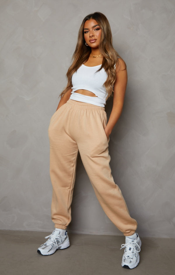 Femme Luxe Tan Oversized High Waisted Shirred Drawstring Pocket Detail Cuffed Joggers - Samira