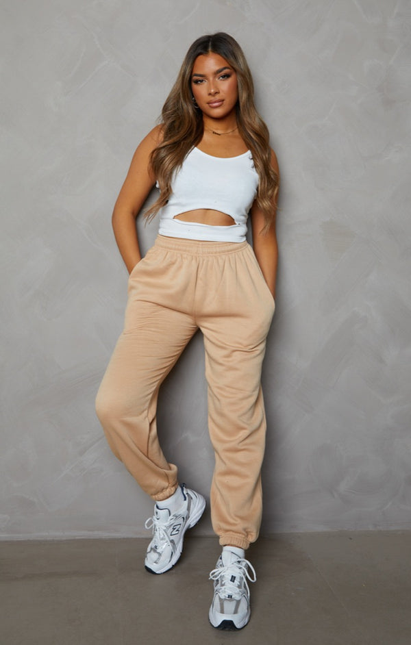 Femme Luxe Tan Oversized High Waisted Shirred Drawstring Pocket Detail Cuffed Joggers - Samira