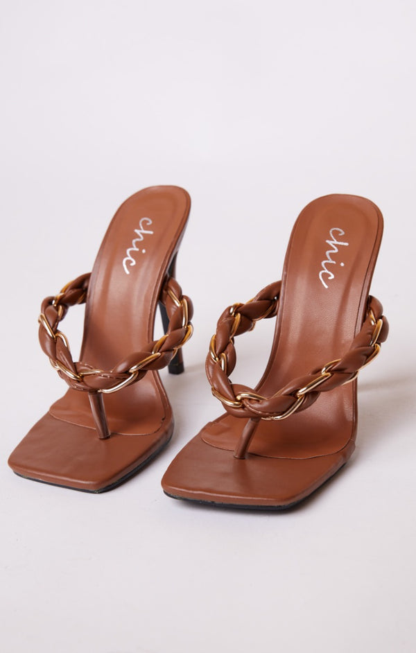 Femme Luxe Tan PU Faux Leather Woven Chain Detail Thong Heeled Sandals - Dakota