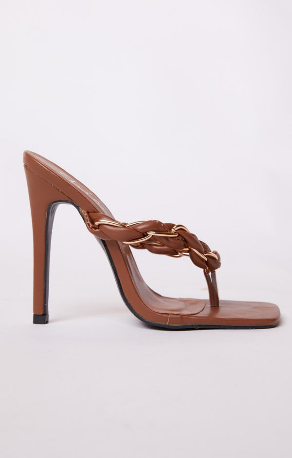Femme Luxe Tan PU Faux Leather Woven Chain Detail Thong Heeled Sandals - Dakota