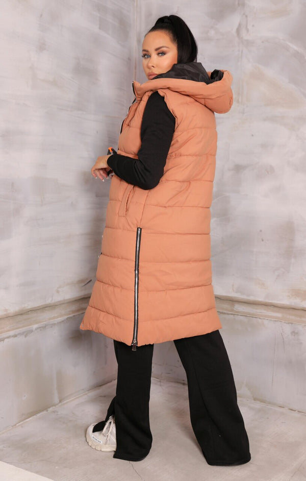 Femme Luxe Tan Sleeveless Longline Midi Zip Up Hooded Puffer Gilet - Terri